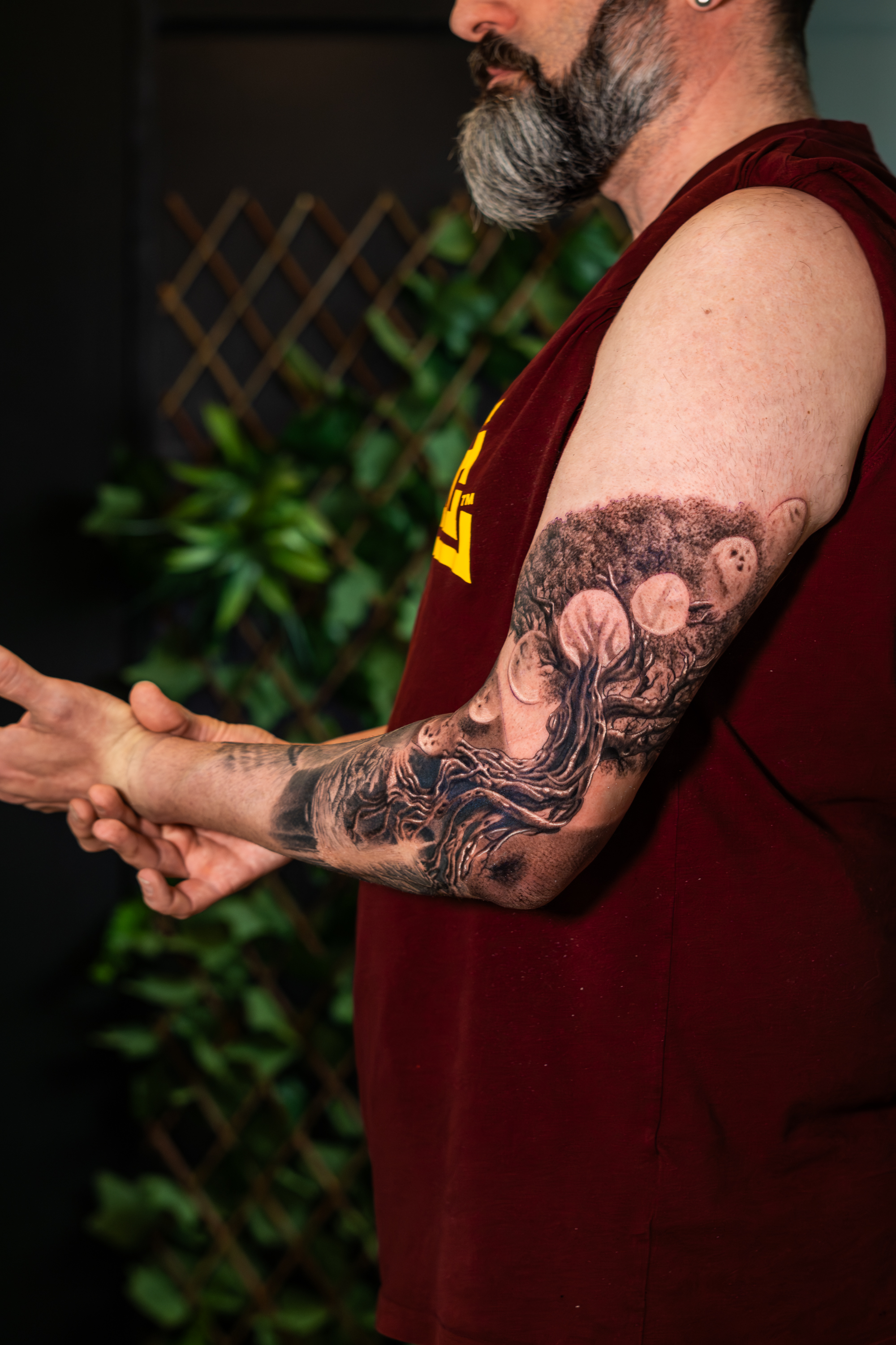 Tatuaje realista curado de árbol y raíces en el antebrazo